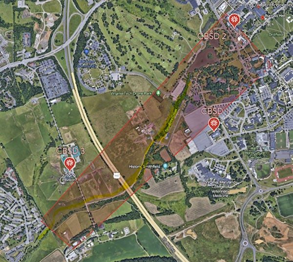 Map showing CBSD locations at Stroubles Creek facility on Virginia Tech Campus in Blacksburg